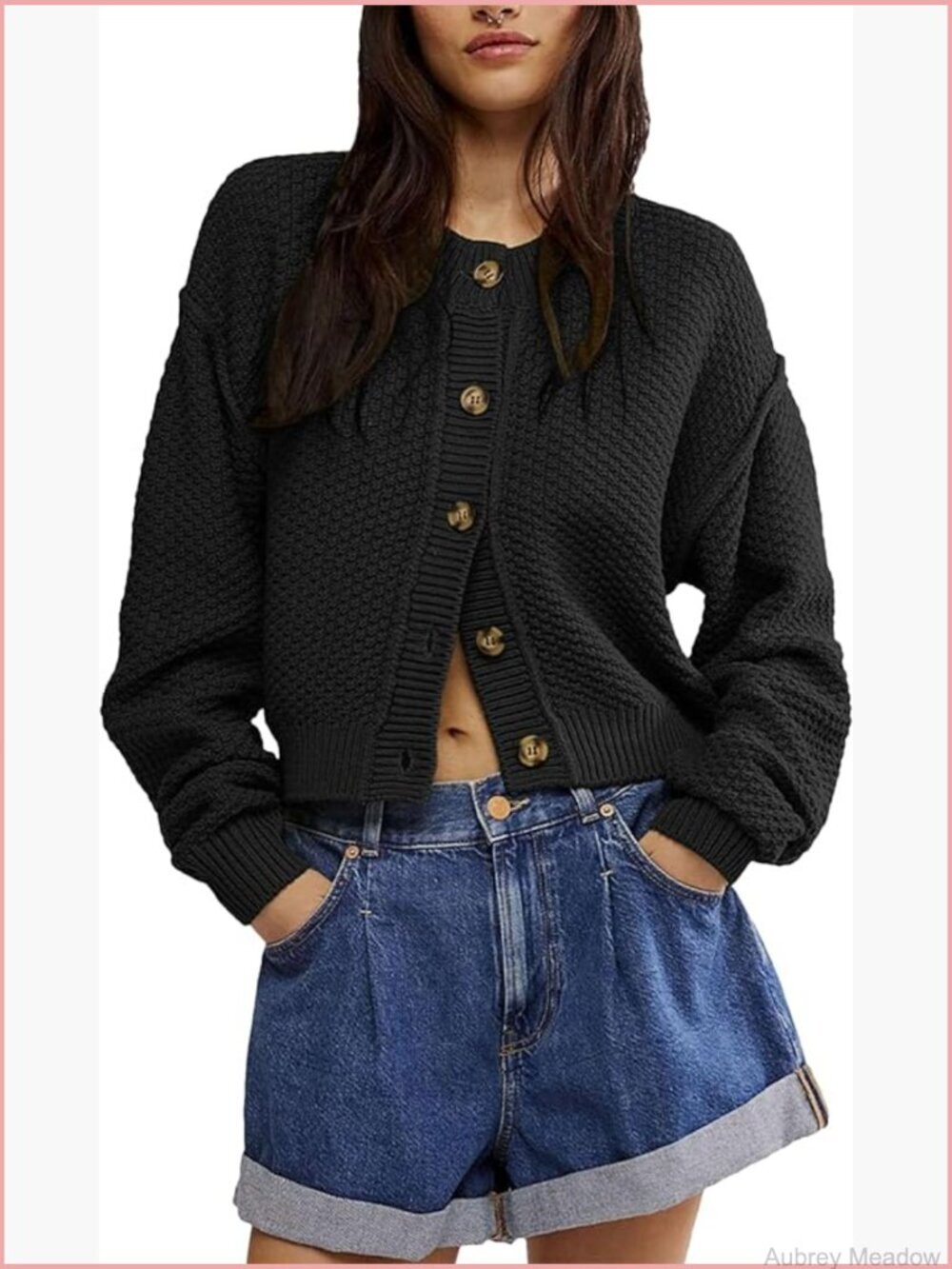 Oversized Cropped Cardigan Sweater Open Front Long Sleeve Button Down Knit